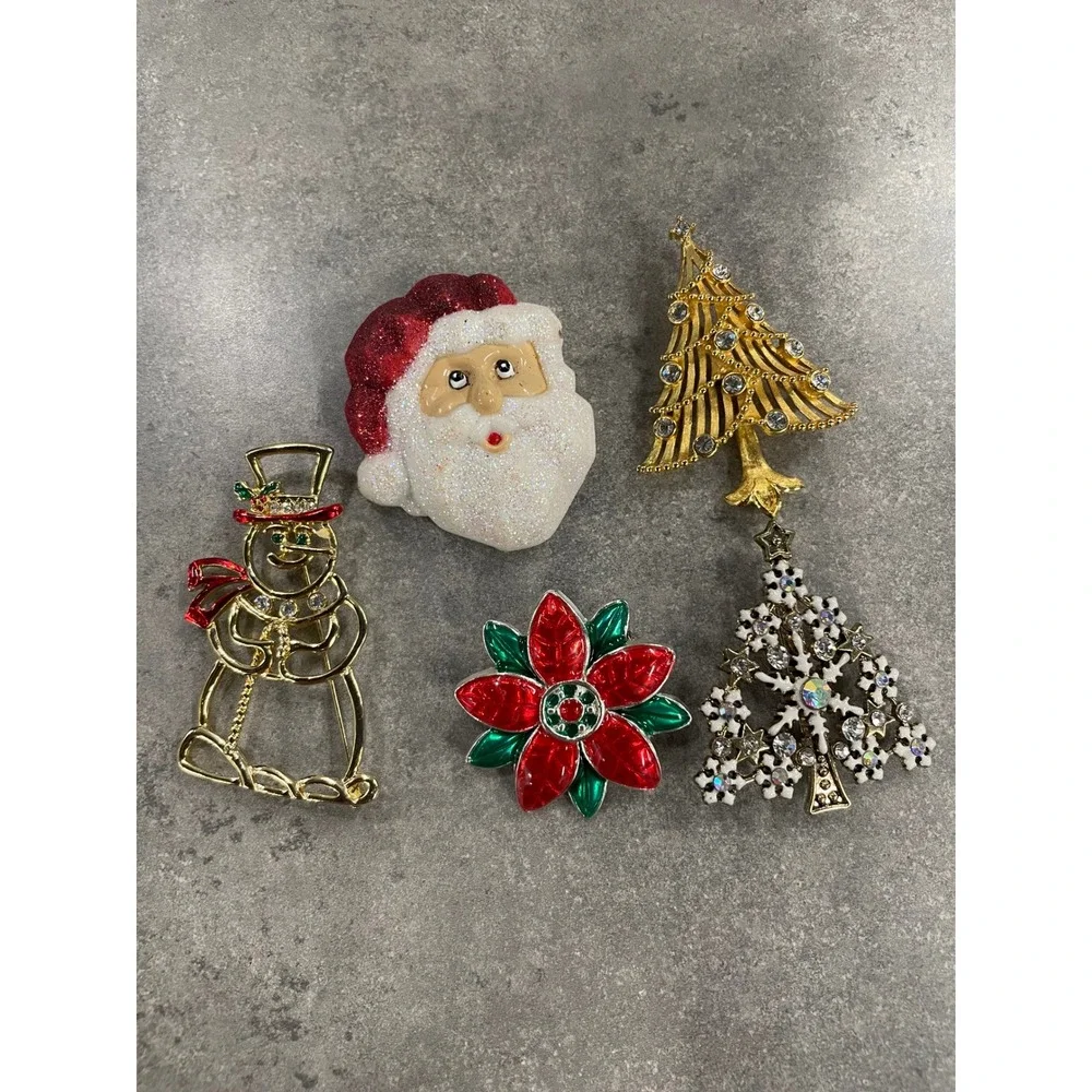 Vintage Christmas Brooch Lot 5pc Santa Snowman Poinsettia Christmas‎ Tree Pins